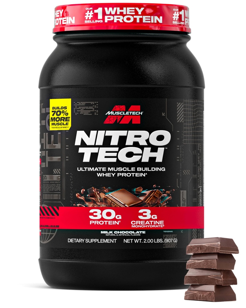 Lihastech Whey Protein Powder (Milk Chocolate, 2 punta) - Nitro-Tech Ultimate Lihas Building Formula Whey Protein Isolate - 30g proteiinia, 3g Creatiini & 6.8g BCAA - Pakkaus Toukokuu Vary