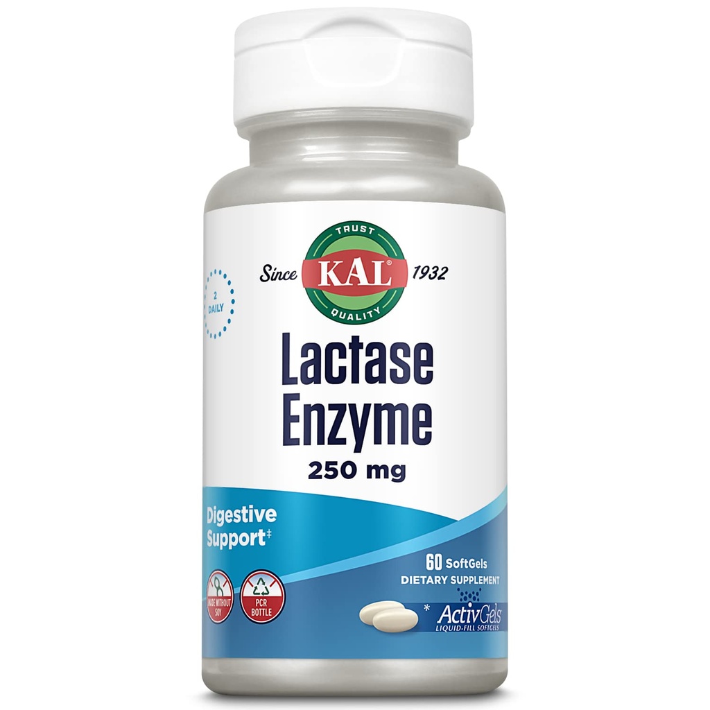KAL Laktaasi-Enzyme 250 mg, Laktoosi-intoleranssin terveellisen digestion tuki, Liquid-Filled ActivGels Made without Soy, 250 FCC Units, 30 Servings, 60 SoftGels