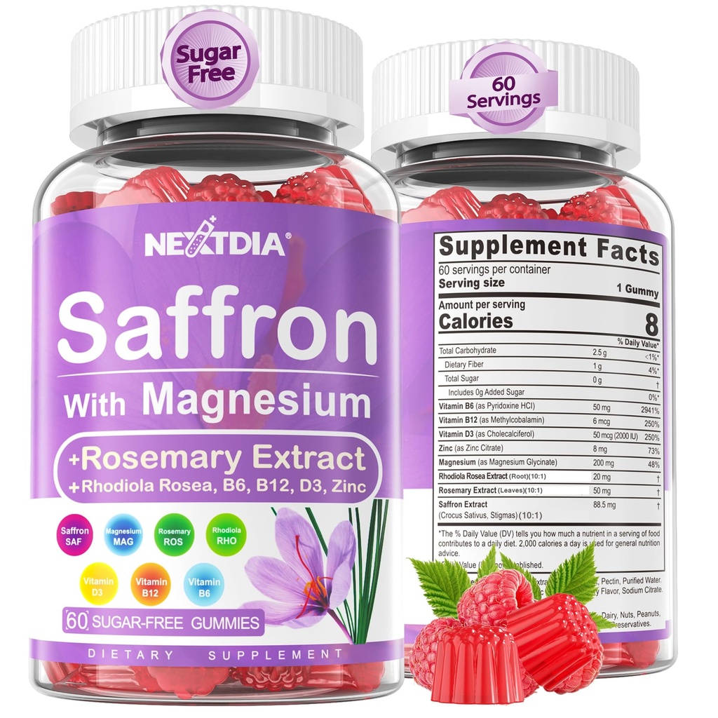 Sahrami magnesium Glycinate Gummies, 2 kuukautta Supply - Sokeriton Magnesium 400/200 mg w/Saffron,Rhodiola,Rosemary, B6,B12,D3 S-unelle, Rauhoitu, Focus, Rentoudu, Nerve, Melatoniini vapaa Gummies