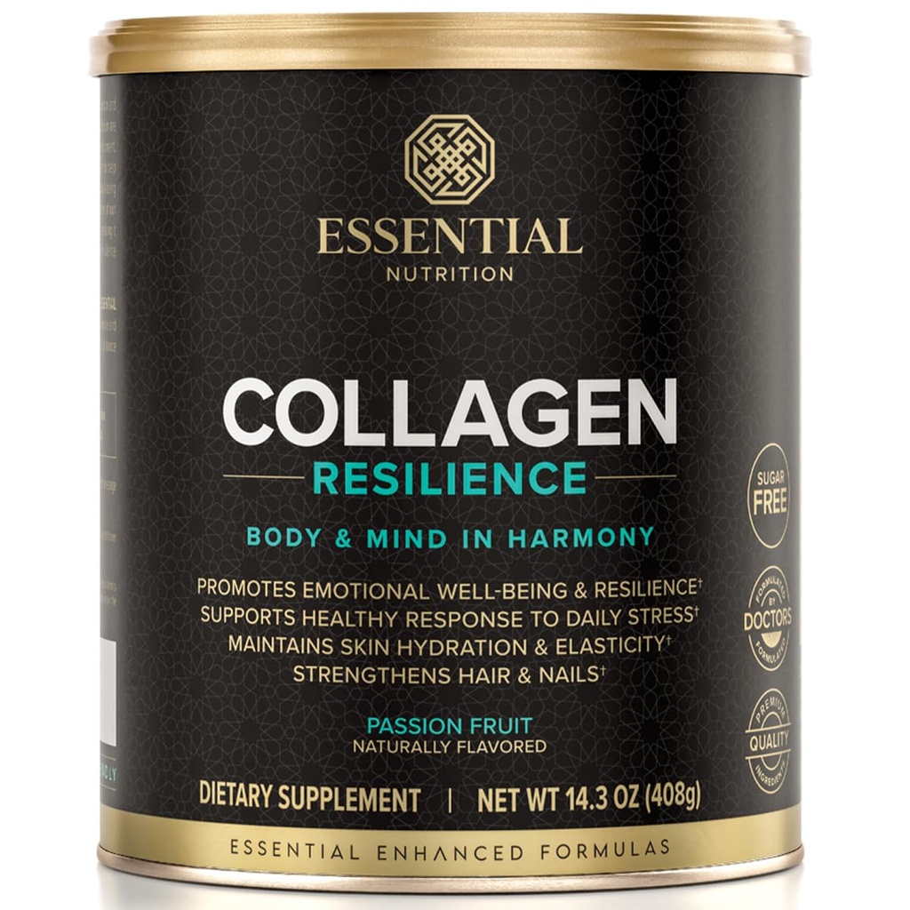 Essential Nutrition Collagen Resilience - Hydrolysed Collagen Peptides Powder with Hyaluronic Acid, Silicon, Amino-Acids & Passion Flower Extract - Passion Fruit - 14.3 oz (30 tarjoilua)