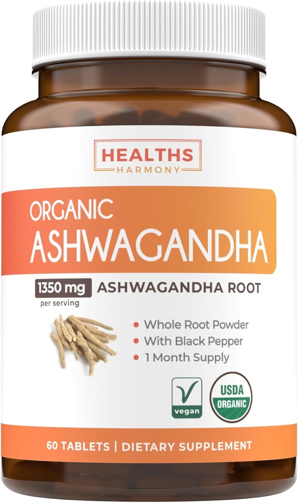 USDA Organic Ashwagandha Supplement - High Potency Ashwagandha Pills Made with Organic Black Pepper for Enhanced Absorption - Vegaani non-GMO Made in the USA & Lab Varmennettu (1 kuukauden toimitus)