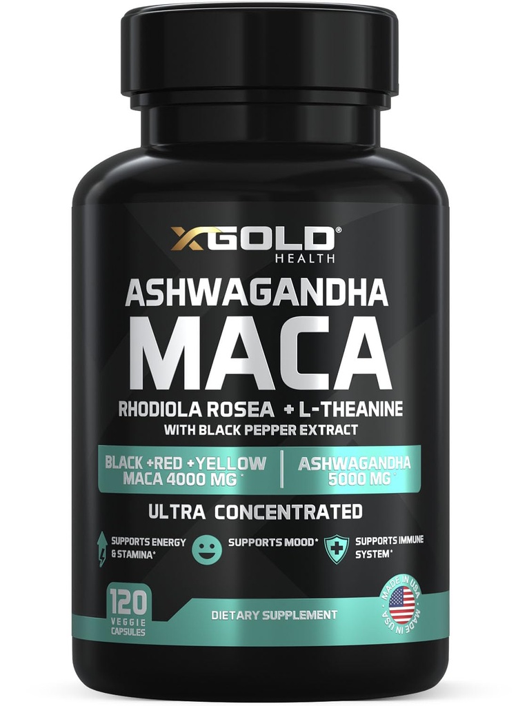 Ashwagandha 5 000mg + Maca Root Black, Red, Keltainen 4 000mg, Rhodiola & L-Theanine: 30:1 uute Ashwagandha kapselit, 20:1 Extract Maca juurikapselit - täydennysosa miehille ja naisille