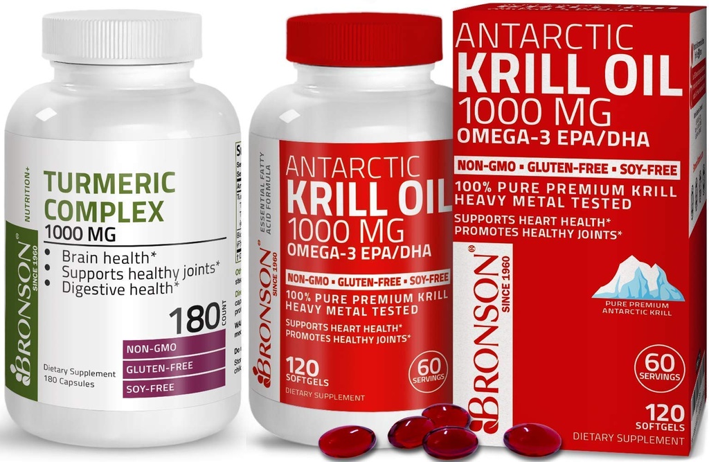 Bronson Turmeric Curcumin BioPerine High Potency Premium Joint Support + Bronson Antarktis Krill Oil 1000 mg Omega-3s EPA, DHA
