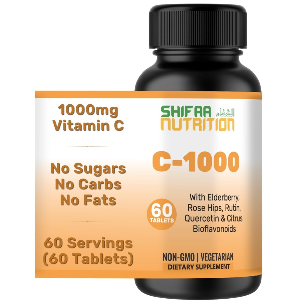 SHIFAA NUTRITION Halal C-1000 mg tabletti, 60 päivän tarjonta. Immuunituki täydentää C-vitamiinia, Elderberry, Quercetin, Rose HIPS & Rutin. Kasvissyöjä, muu kuin GMO, sokeriton ja ketoystävällinen