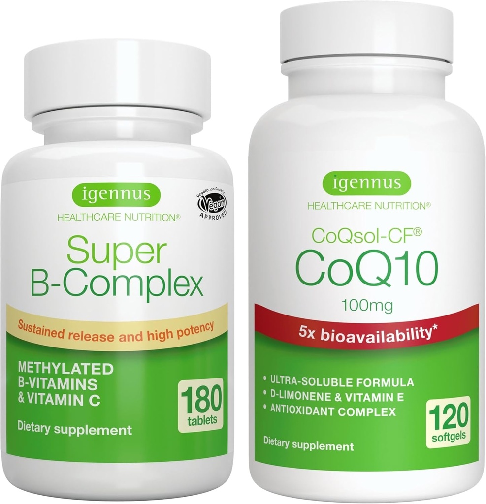 Super B-Complex 180 tablettia + korkea imeytyminen CoQ10 100 mg 120 Softgels Energy Bundle, Methylated Release B Complex + CoQ10 E- ja D-Limonene-vitamiini, Igennus