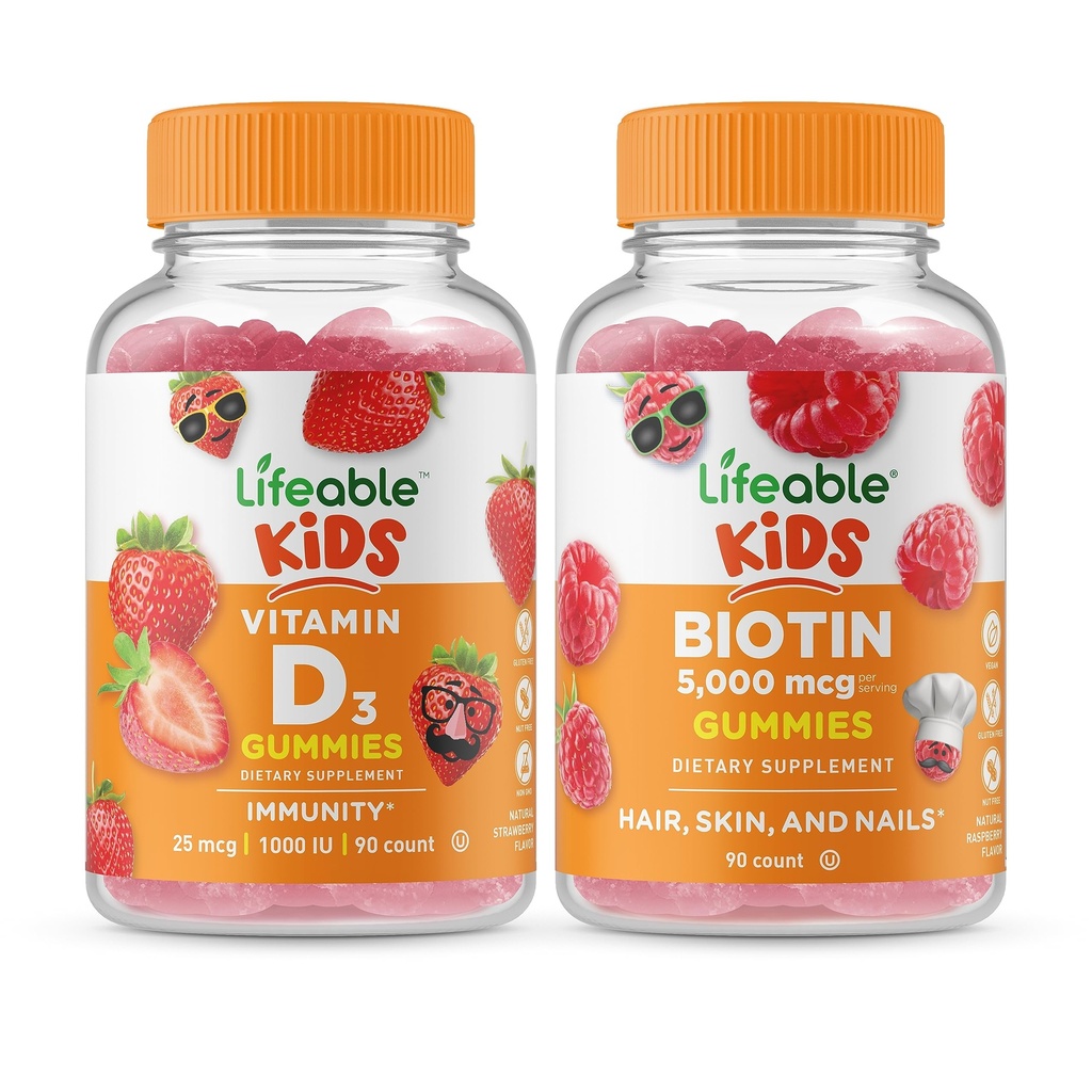Elinkelpoinen D-vitamiini Lapset + Biotiini lapset, Gummies Bundle - Suuri Maku, Vitamiini täydentää, Gluteeniton, GMO vapaa, purukumi