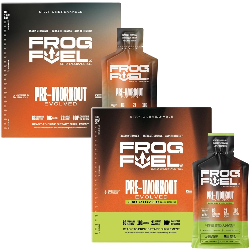 Frog Fuel Ultra & Ultra Energized Pre Workout Shot Bundle med 1500mg Beta Alanine, Electrolytes 8g Protein Nano-Hydrolyzed Grass Fed Collagen, 10g Carbs, Berry, 1.2 oz Packets, 48 Pack