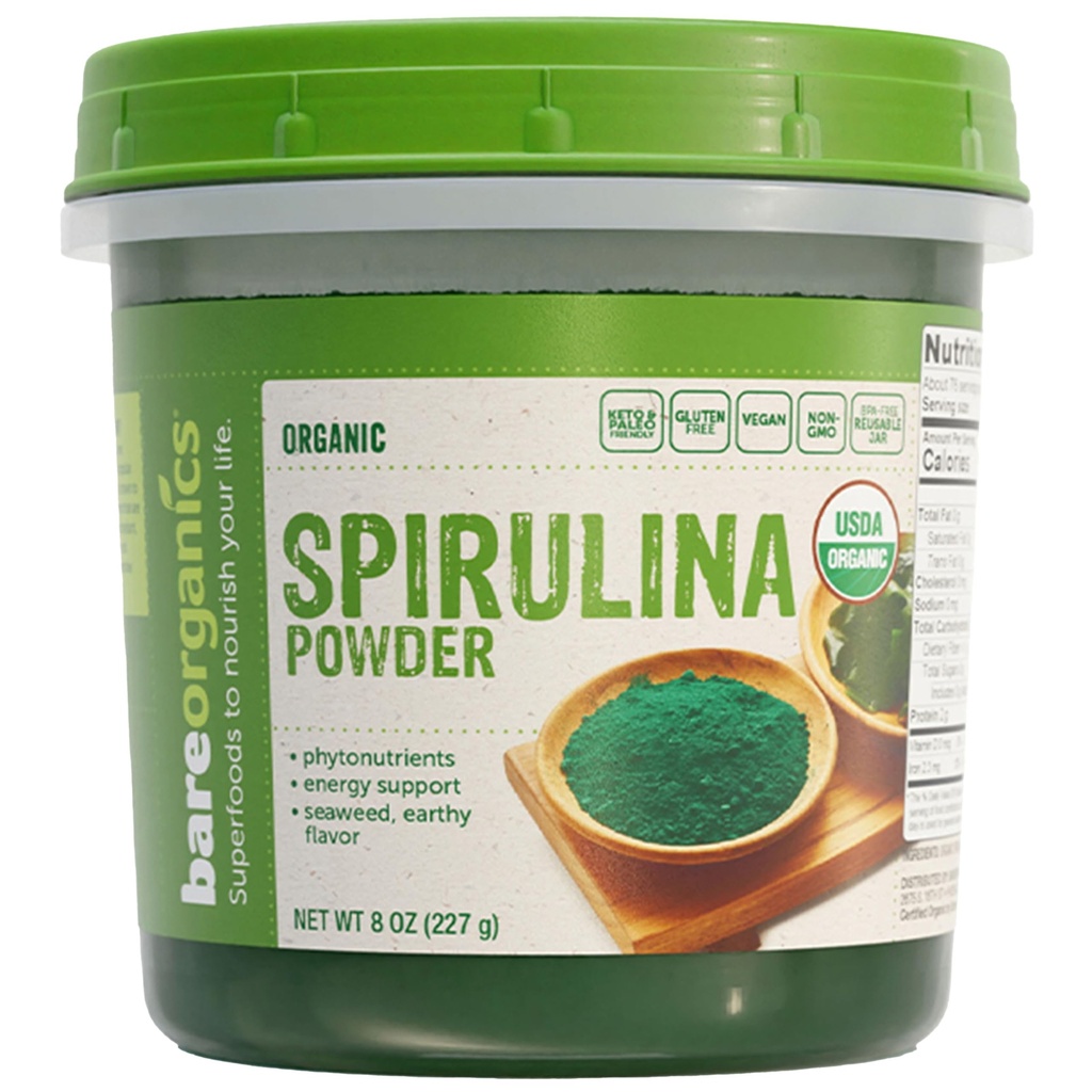 BareOrganics Spirulina Powder - Organisk Superfood Powder - Vegan, Non-GMO, Gluten-Free - High Protein, Antioxidant-Rich för Smoothies, Juices, Shakes & Daily Wellness, 8 Oz