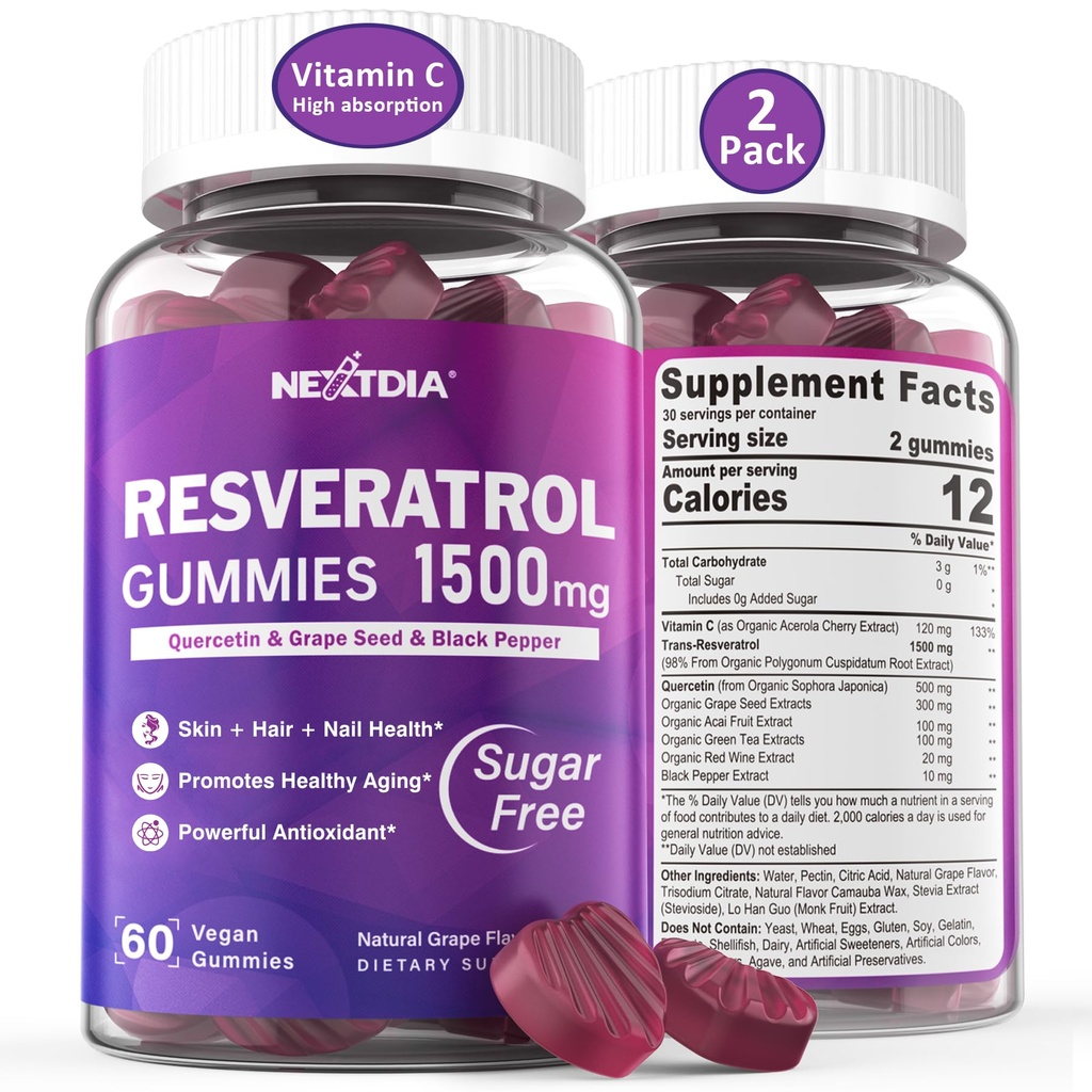Resveratrol Supplement 1500mg - Resveratrol Gummies tukee NAD+, NMN & NMNH Synergy, kanssa Quercetin, Rypälesiemen, Acai Marjat uutteet antioksidantti, terve ikääntyminen & pitkäikäisyys, iho, aivot - 2Pcs