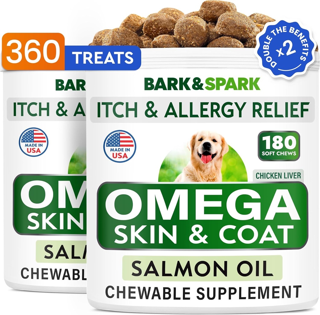 BARK & SPARK (Pack of 2 Omega 3 for Dogs - 360 Fish Oil Chews for Dog Shedding, Skin Allergy, Itch Relief, Hot Spots Treatment - Joint Health - Skin & Coat Supplement - EPA & DHA Fatty Acids
