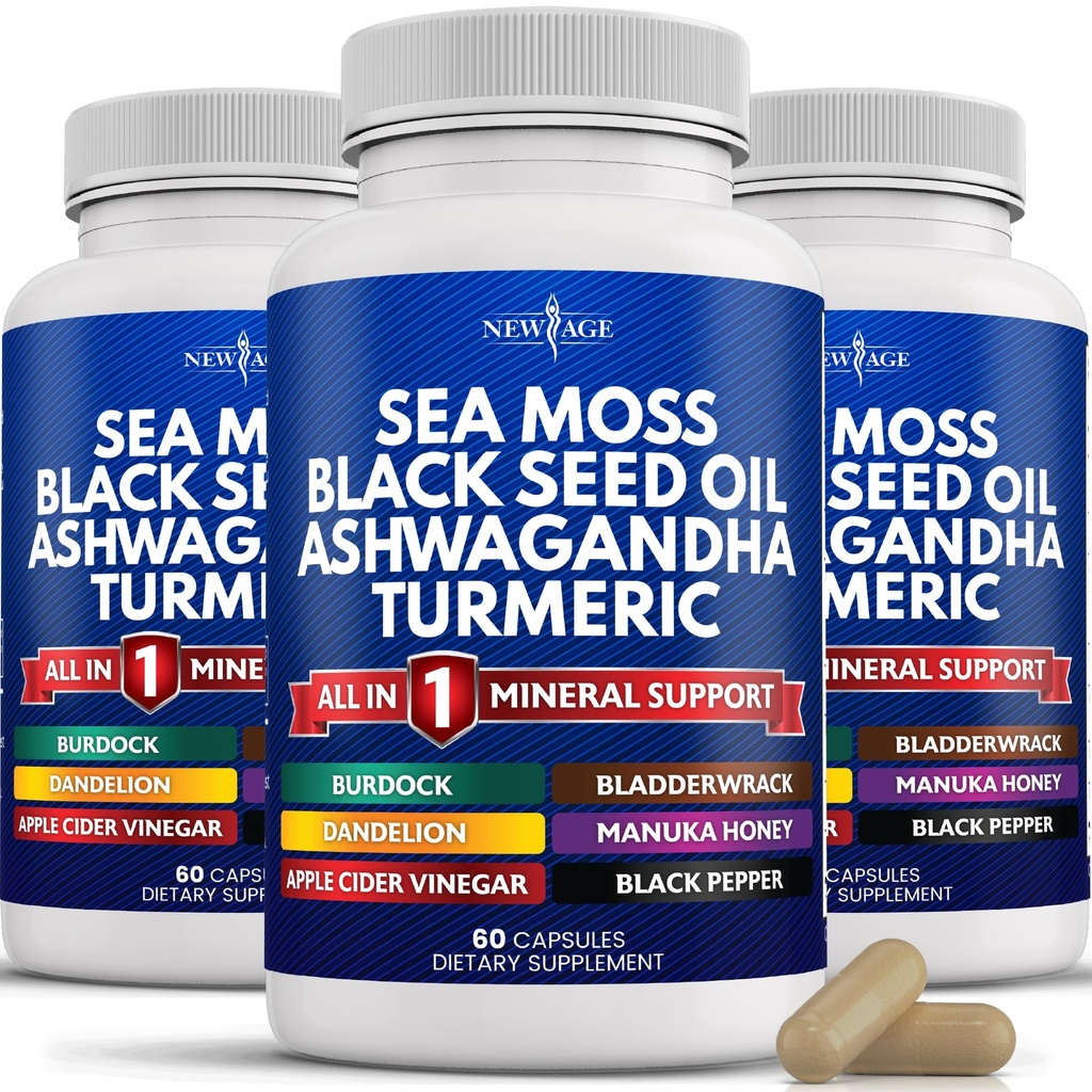 NEW AGE Silikameri Moss, Musta siemenöljy, Ashwagandha, Turmeric, Rakkorapu, Burdock - Manuka, Honey Voikukka, ACV Black Pepper Gluten Free