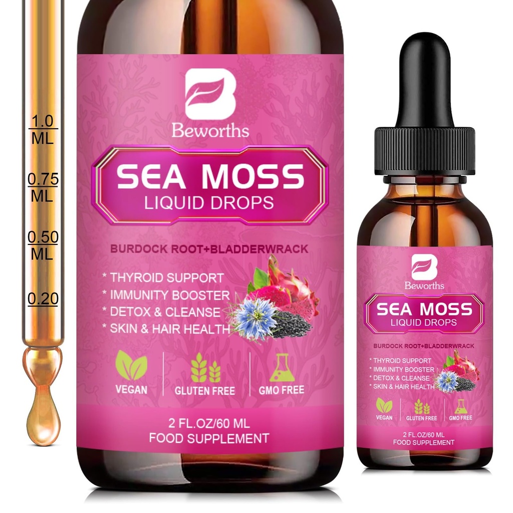 Sea Moss Liquid Drops - Organic Black Seed Oil Irish Sea Moss Gel Burdock Root, rakkoranneke, Elderberry, C-vitamiini, D3, 6X vahvempi Seamoss Gel Ruoansulatus, hiusten terveys - Vegan