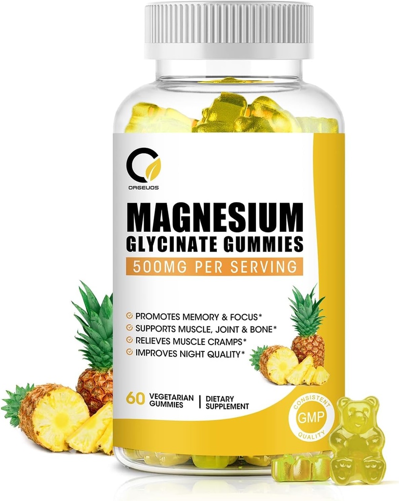 (1 pakkaus) Magnesium Glycinate Gummies, korkea-absorptio Magnesium täydentää kalsiumia ja vitamiineja, tuki luuta, lihaksia, yö, muistia ja mielialaa, vegaania, ei-GMO, 60 kreiviä, ananas makua
