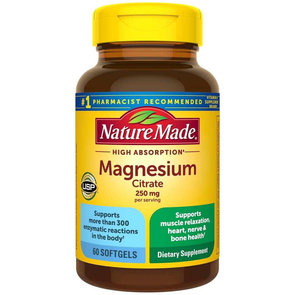 Nature Made Magnesium Citrate 250 mg per annos, Magnesium täydentää miehille ja naisille, tukee lihas, hermo, luu ja sydän, 60 Softgels, 30 päivän tarjonta
