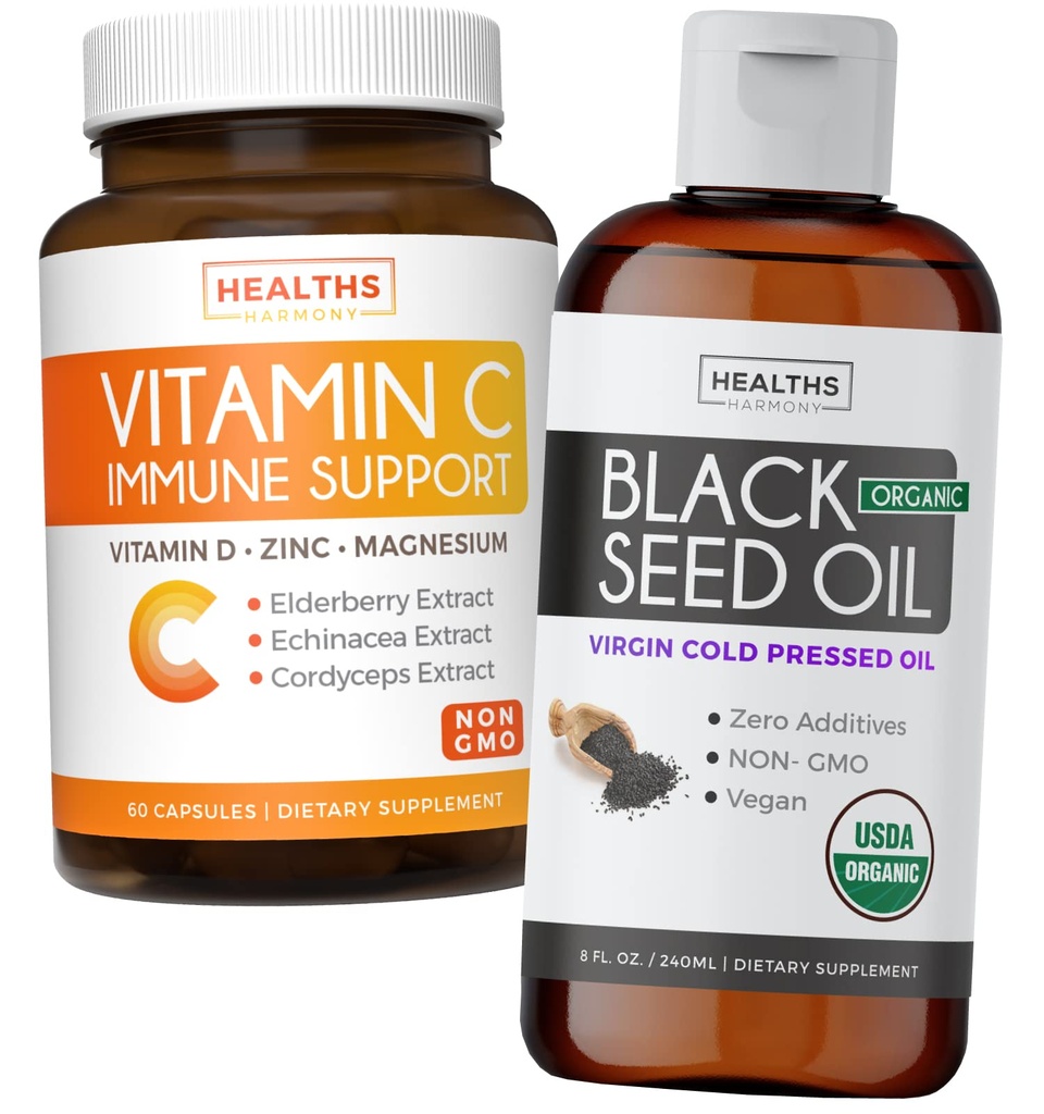 Black Seed Oil Liquid & Vitam C - Immune Fusion Booster Pack - Organic Black Seed Oil Liquid (8fl oz) Premium Kylmäpaineinen Nigella Sativa & Vitamiini C Immunosupport (ei-GMO)(60 kapselia)