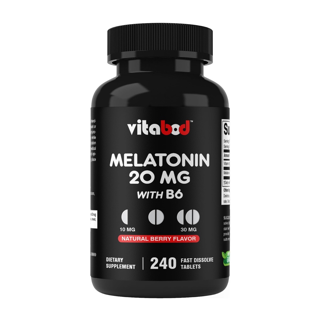 Vitabod Melatoniini 20 mg - 240 Nopeasti liuotettavaa tablettia - Drug Free - Natural Berry Flavor - Kasvissyöjä, ei-GMO, Gluteeniton 240 Luku (Pack of 1) (240 Count (Pack of 1))