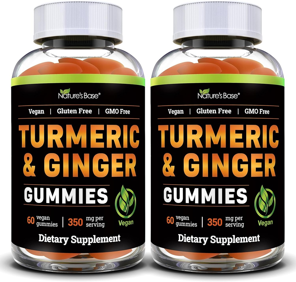 Naturens bas gummi och ingefära gummies för vuxna (2 paket) - Tumeric Curcumin Supplement för att stödja gemensam hälsa och immunstöd - 120 Vegan Gummies