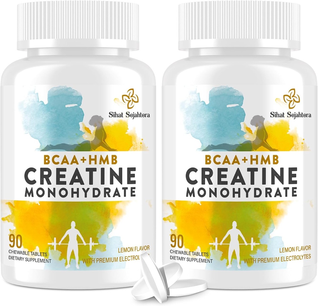 8-i-1 Kreatinmonohydrat med BCAA & HMB, 5000 mg för Män & Kvinnor, Kreatin Chews för muskel, återhämtning, uthållighet och styrka, hög absorption, citron smak, sockerfri, 180 tabletter