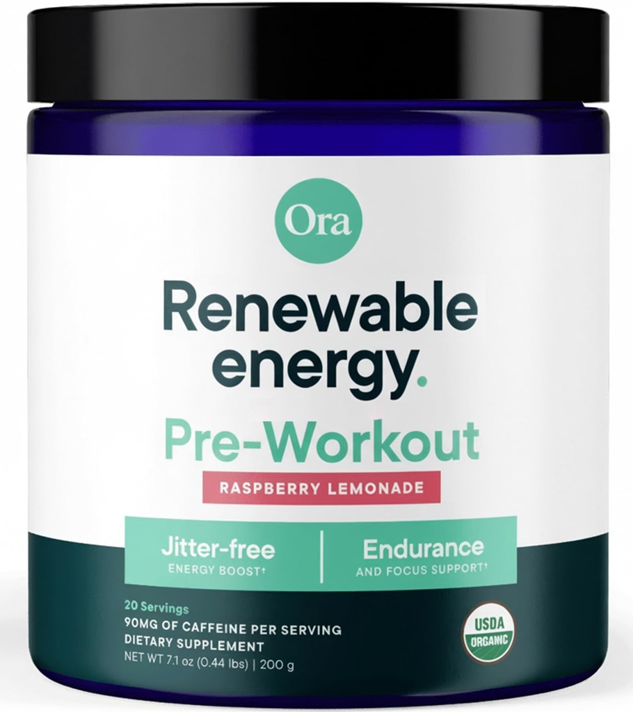 Ora Organic Natural Pre Workout Powder - Raspberry Lemonade smak - Ger Jitter Free Energy, Focus, Hydration, & Endurance - Vegan, Certified Organic, Soy, Dairy och Gluten Free, 20 portioner