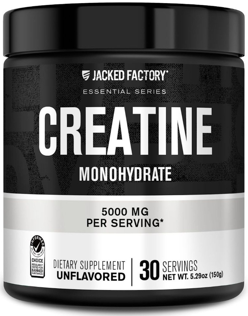 Jacked Factory Creatine Monohydrate Powder 150g - 5g Daily Creatine Supplement för män och kvinnor, Vegan-Friendly, Tredjepartstestade - 30 portioner, Osmakad