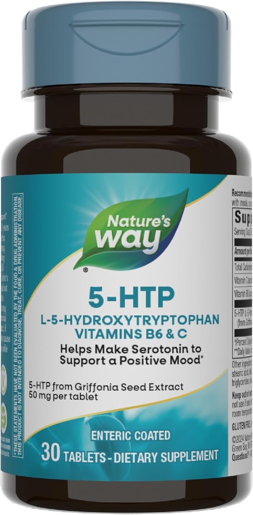 Nature's Way 5-HTP, L-5-Hydroksitryptofaani, auttaa tekemään serotoniini edistää positiivinen näkymät*, B6-vitamiinia, C-vitamiinia, Griffonia Bean Extract, 30 tablettia (Pakkaus toukokuussa vary)