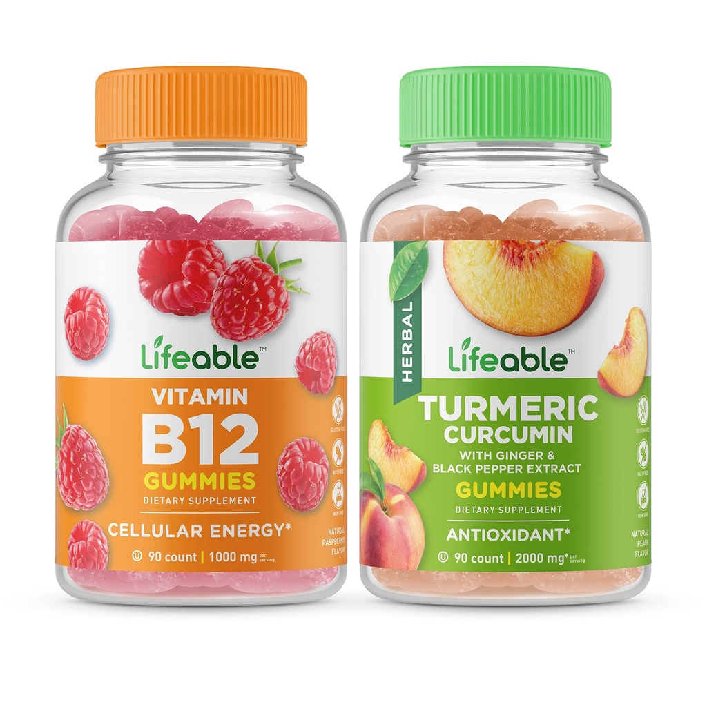 Elinkelpoinen B12-vitamiini + kurkuma, Gummies Bundle - suuri maku, vitamiinilisä, gluteeniton, GMO-vapaa, pureskeltava