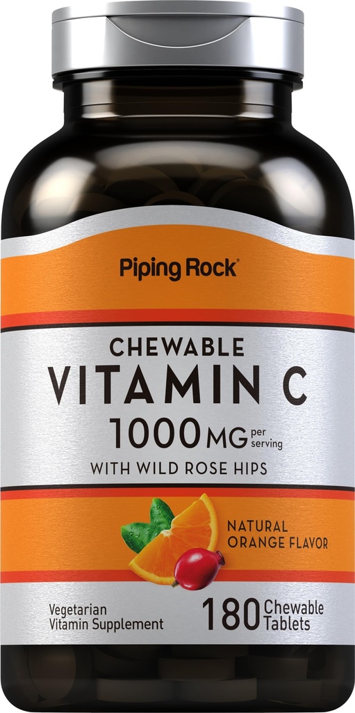 Piping Rock Vitamin C Chewable 1000mg | 180 tabletter | Orange smak | Vegetarisk, icke-GMO, Gluten fri tillägg