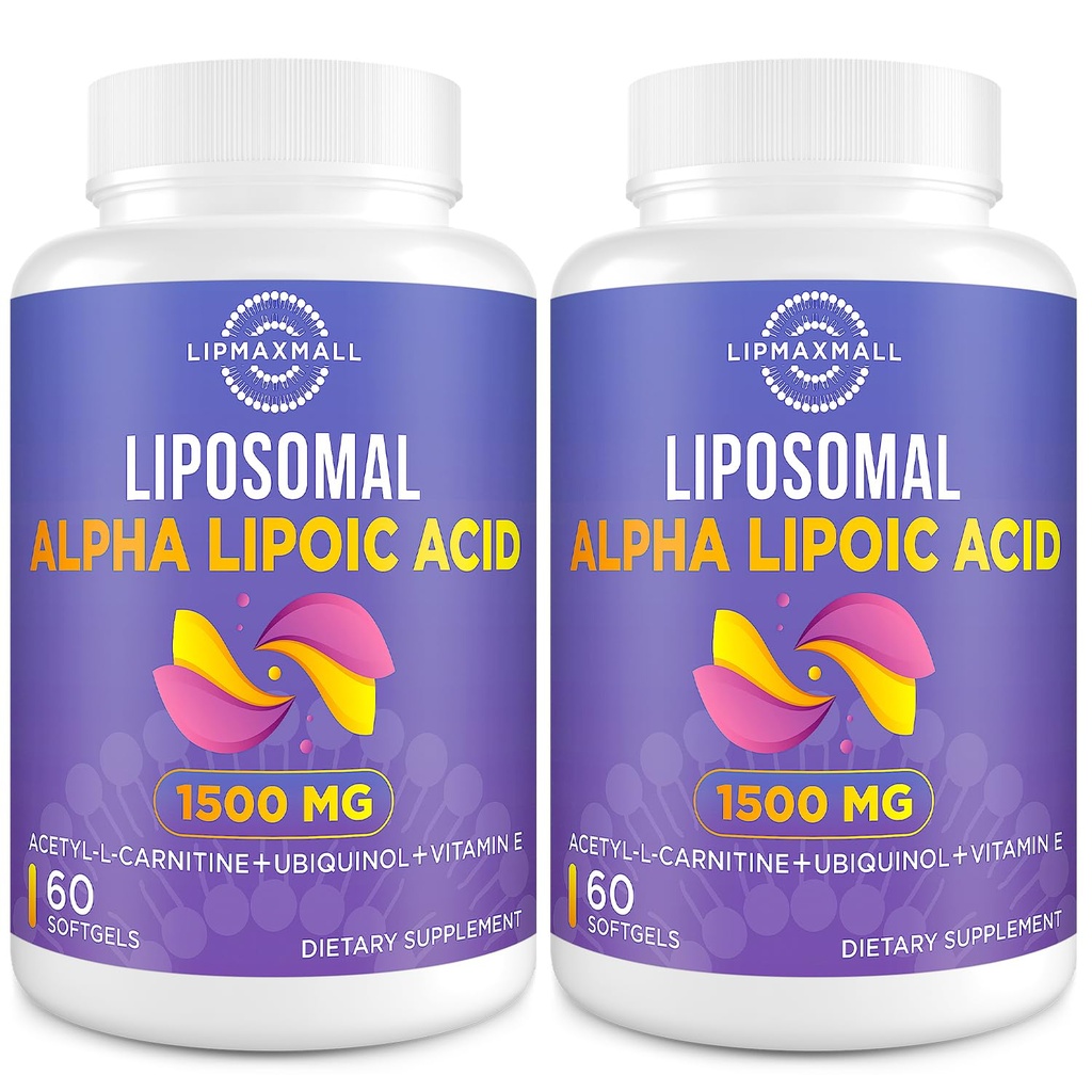 Liposomal Alpha Lipoic Acid 1500mg - med Acetyl-L-Carnitine 900mg & Ubiquinol 100mg & Vitamin E 15mg, ALA Supplement för antioxidanter Glucose Metabolism Nerve Energy,60 Softgels (2 flaska)