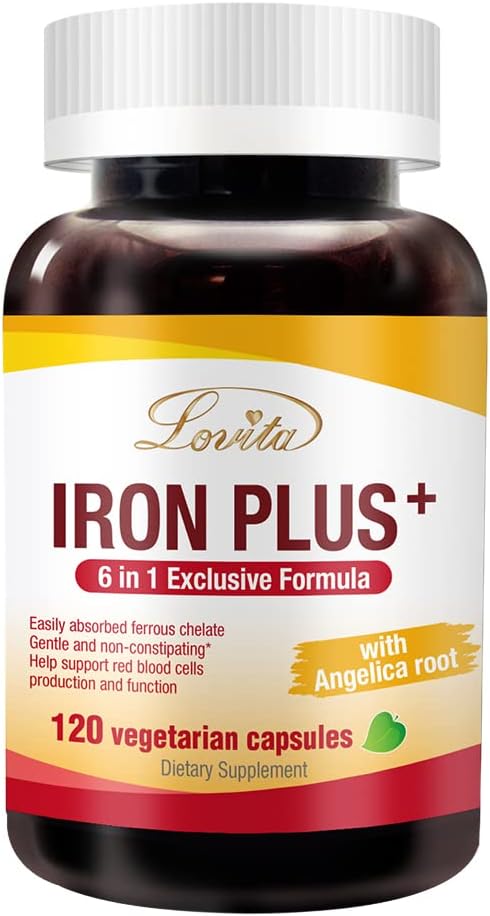 Lovita Iron 18 mg, 6 in 1 Iron Supplement for Women, C-vitamiini, Dong Quai & B12, Vegan-vitamiini tukea Red Blood Cell Production Ilman Ummetusta, 120 kapselia