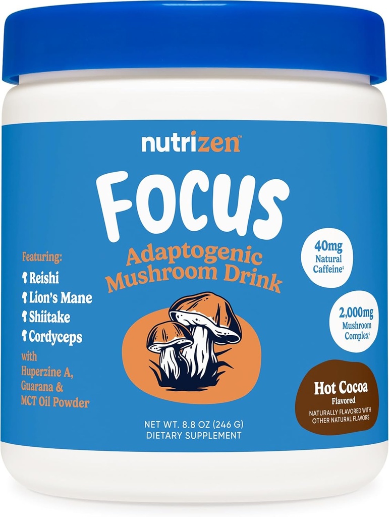 Nutricost Nutrizen AM Focus Adaptogenic Mushroom Drink (Hot Cocoa Flavored) 30 Servings - Inkluderar Reishi, Lion Mane, Shiitake, Cordyceps