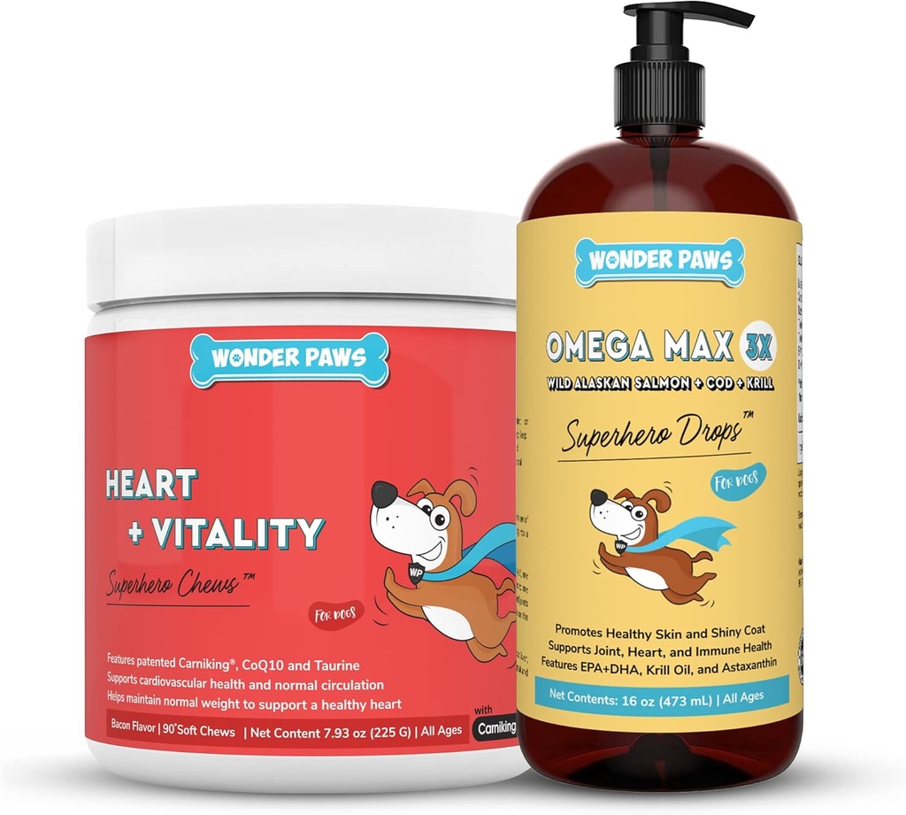 WONDER PAWS Heart + Vitality Superhero Chews Plus Omega Max Fish Oil - för hundar hjärthälsa, hud och gemensam vård & immunstöd - Hjärta + Vitalitet 90 Chews - Omega Max 16 Ounces
