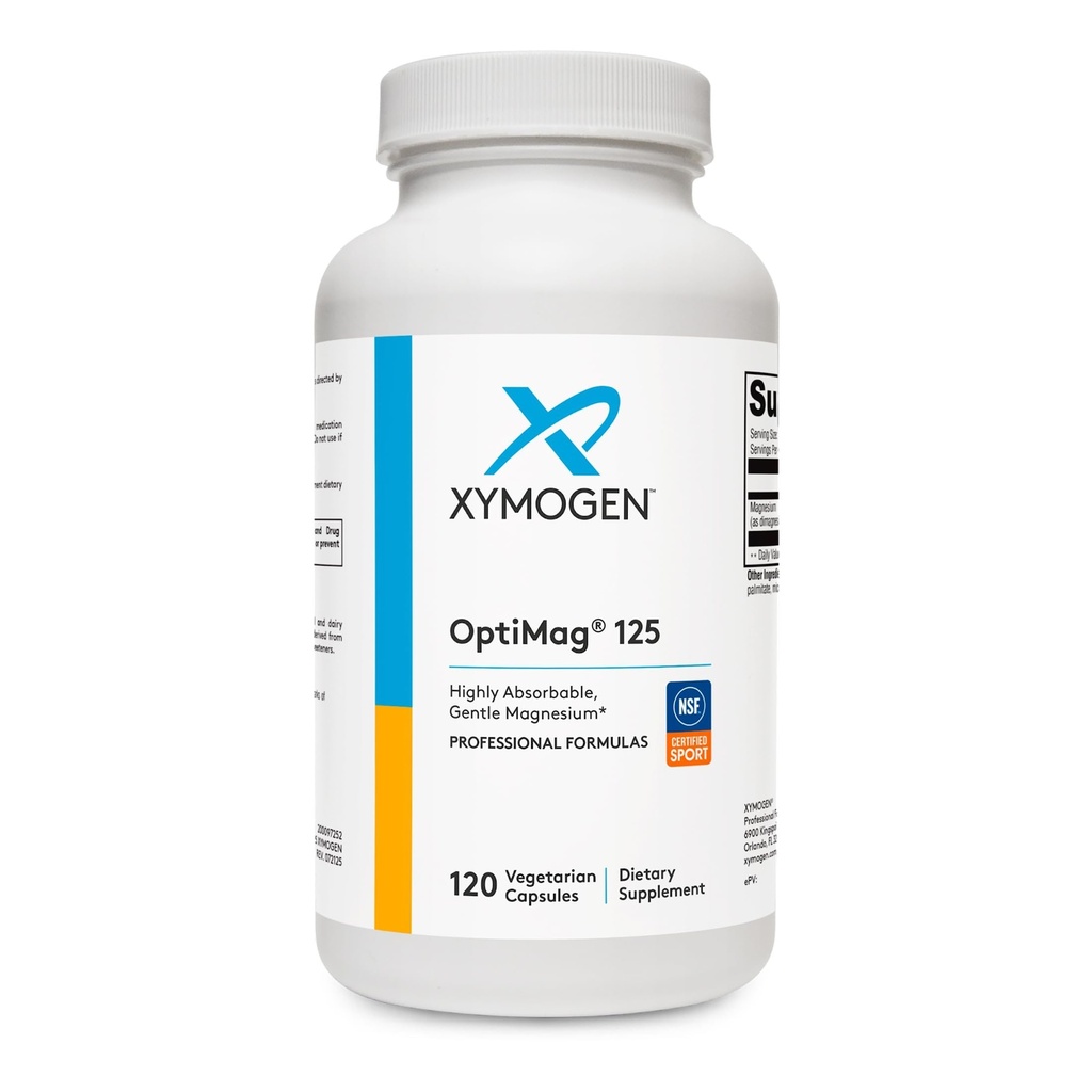 XYMOGEN OptiMag 125 - Magnesiumlisä Di- Magnesium Malate & Glycinate Lysinate -valmisteella Nerveä, lihasta, luun terveyttä + sydänterveyttä (120 kapselia)