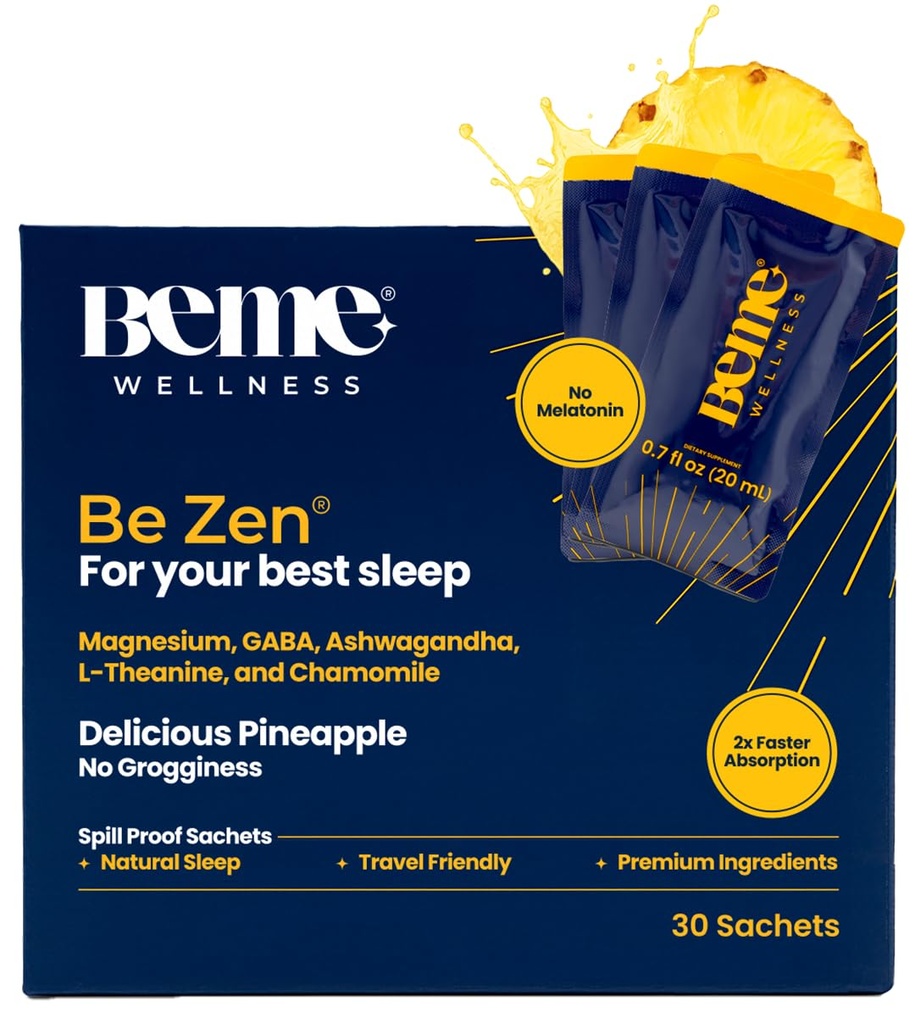 BeMe BeZen Sleep Aid Supplement Natural Without Melatonin - 2X Absorption Than Pills - Sömnhjälpmedel för vuxna med Magnesium, Ashwagandha, Chamomile, L-Theanine & GABA - Delicious Pineapple