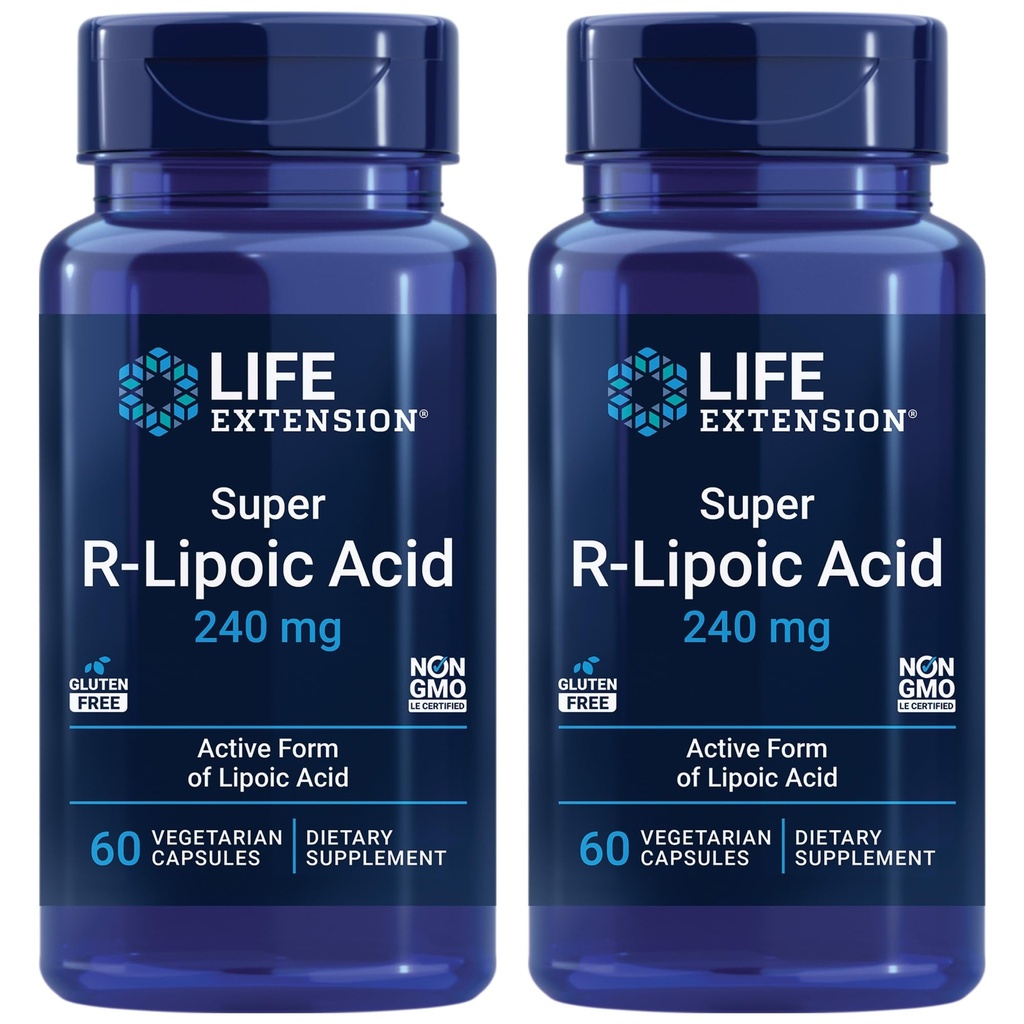 Life Extension Super R-Lipoic Acid - Hälsosam åldrande, oxidativ stressförsvar - med 240 mg aktiv R-Form av R-Lipoic Acid - Glutenfri - Icke-GMO - Vegetarian - 60 kapslar (2 Pack)