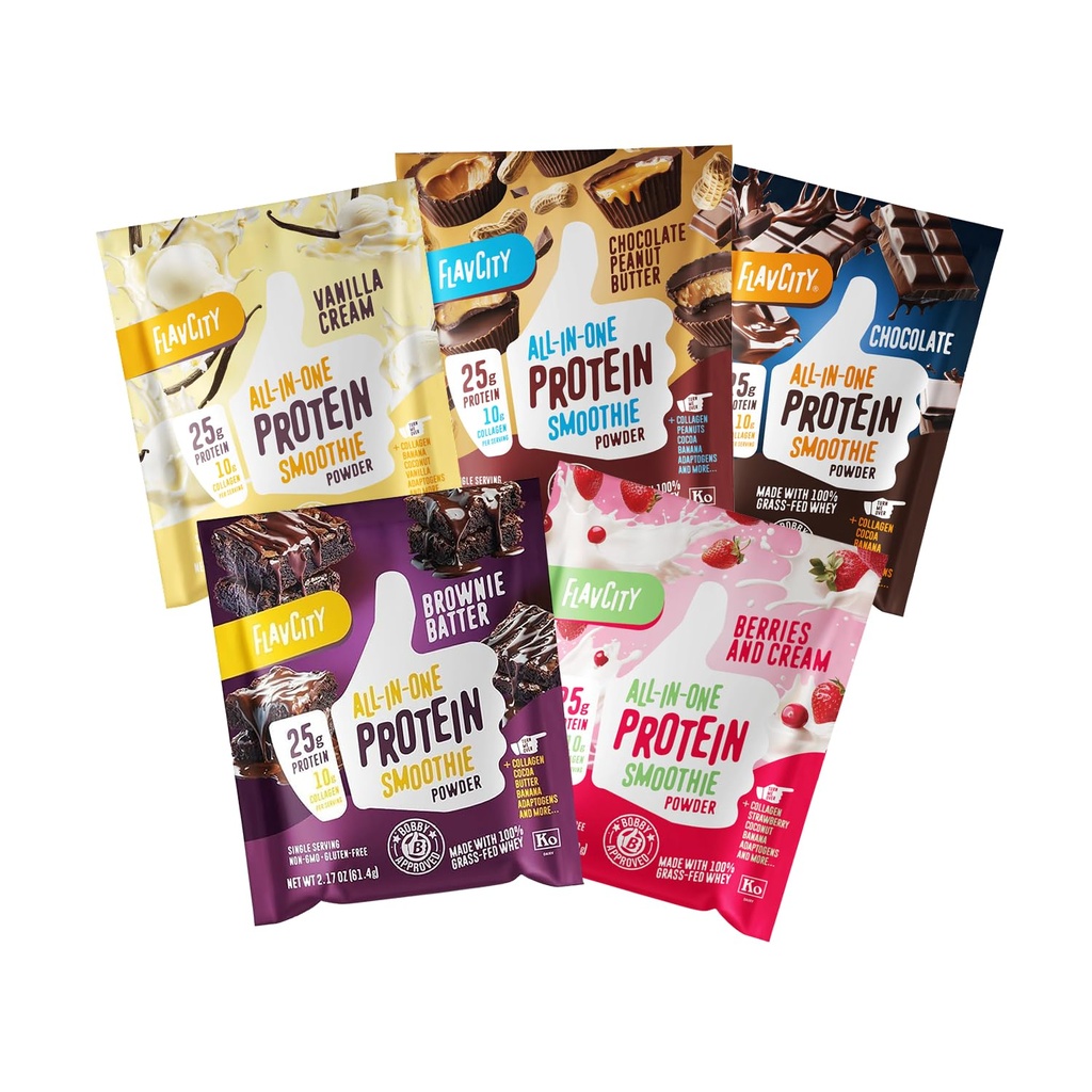 FlavCity Kaikki in One Protein Shake Powder Packets - On the Go Meal Alternative + 25g Protein & 10g Collagen, valmistettu Organic Reishi & Cordyceps Sienet - Ei lisättyjä sokereita, Variety 10 Pack