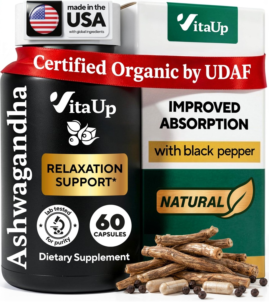 Ashwagandha Capsules 1310mg med Black Pepper - USA Made Ashwagandha Supplements for Relaxation Support, Normal Cognitive Function & Balanced Energy Levels - 60 Caps