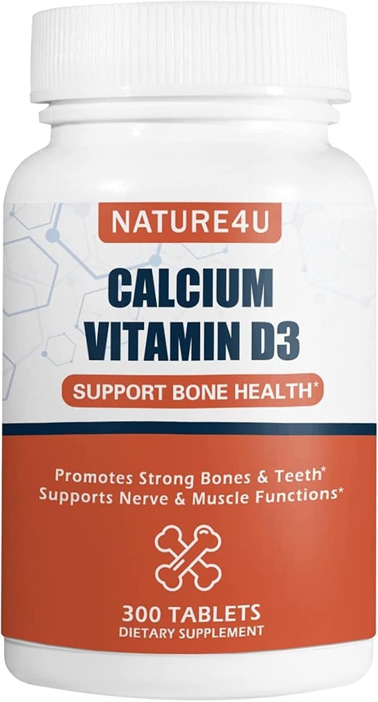 Kalcium 1000 mg med vitamin D3, benhälsotillskott för vuxna, stöd Muscel Nerve Health och Calcium Absorption, 300 tablett