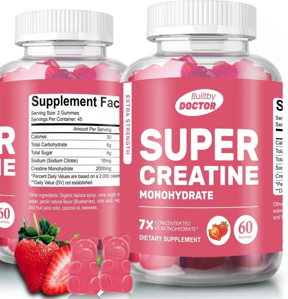 Super Creatiini Monohydraatti Gummies miehille ja naisille, Sokeriton, 30 Tarjoiluja, 5g Creatiini Per Serving, Vegaani, Gluteeniton, Kehonrakennus Recovery täydentää lisätä lihasten kokoa ja vahvuutta
