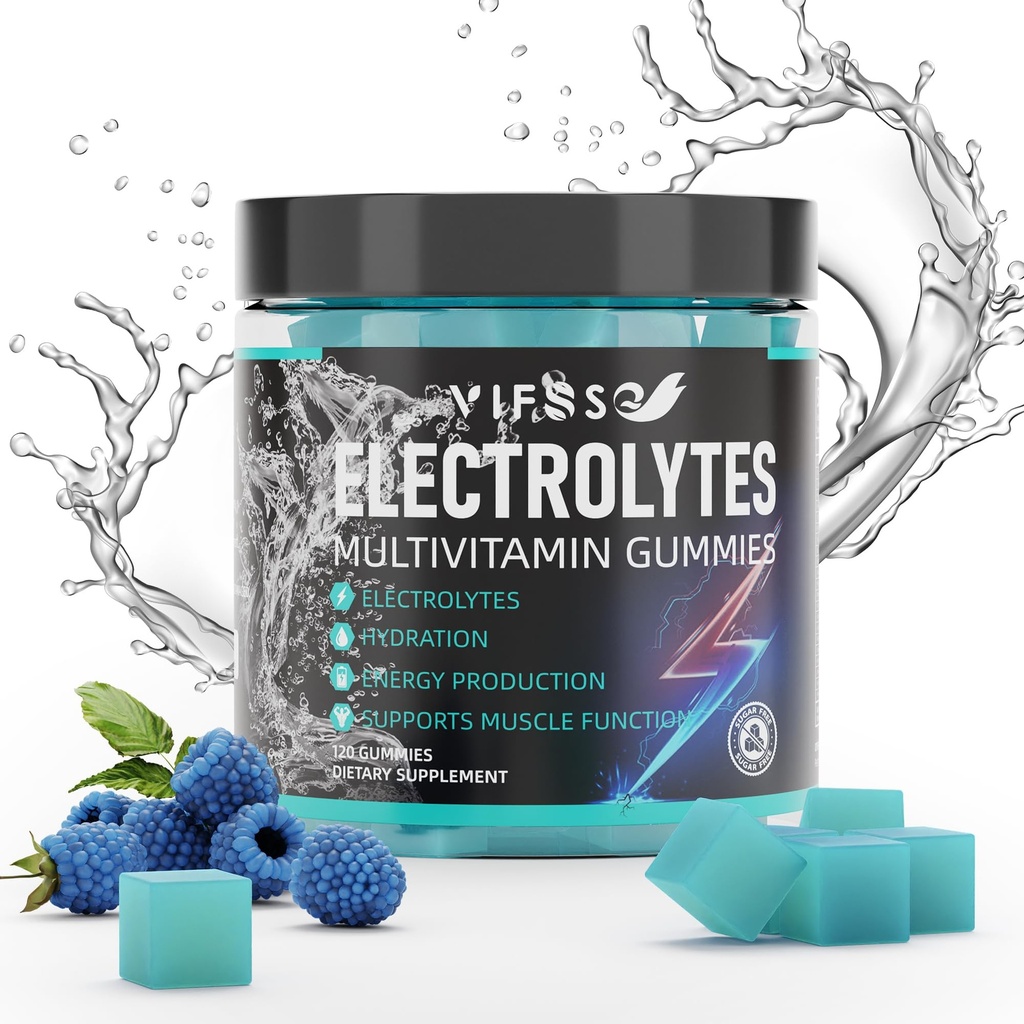Electrolytes Gummies No Sugar, 120 Chewable Electrolyte Gummies med 6 Electrolytes för löpare och uthållighet Sport, Uppfriskande Blue Raspberry, Hydration Electrolyte Chews, 1 Pack