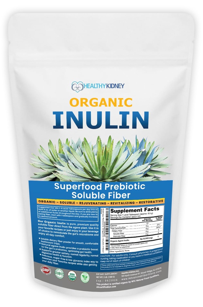 Organic Inulin Powder (48oz/3 lbs) Hellävarainen Agave Prebioottiliukoinen kuitulisä digestiiviseen tukeen, Gut Health, vegaaninen paistaminen, smoothies & Drinks