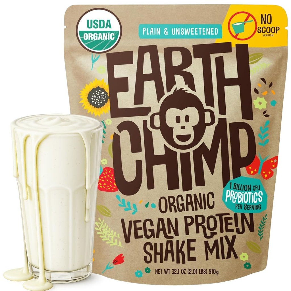 EarthChimp Organic Vegan Protein Powder - Probiootit - Non GMO, Dairy Free, Non Whey, Plant Based Protein Powder for Women and Men, Gluteeniton - 26 Tarjoukset 32 Oz (Plain & Un makeuttamaton) Ei Scoop