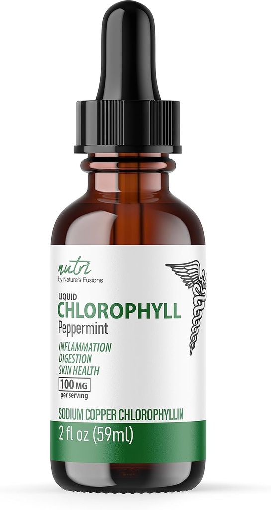 Naturens Fusions Nutri Liquid Chlorophyll Peppermint 100mg - Intern Deodorant & Detoxifier - Liquid Drops - 2 fl oz (59 portioner, 100mg per portion) - Clorofila Liquida