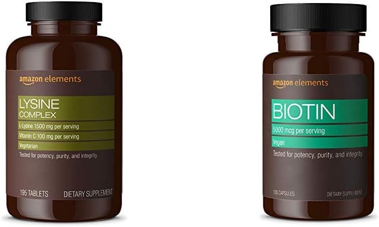 Elementit Lysine Complex kanssa C-vitamiini (1500 mg L-L-Lysiini 100 mg C-vitamiinia per tarjoilu - 3 tablettia), Tukee Immuuniterveys, kasvissyöjä, 195 Count (Pakkaus voi vaihdella) ja Elements Vegan Biotin 5000 mikrog - Hiukset, iho, kynnet, 130 kapselia (4 kuukauden tarjonta) (Pakkaus voi vaihdella)