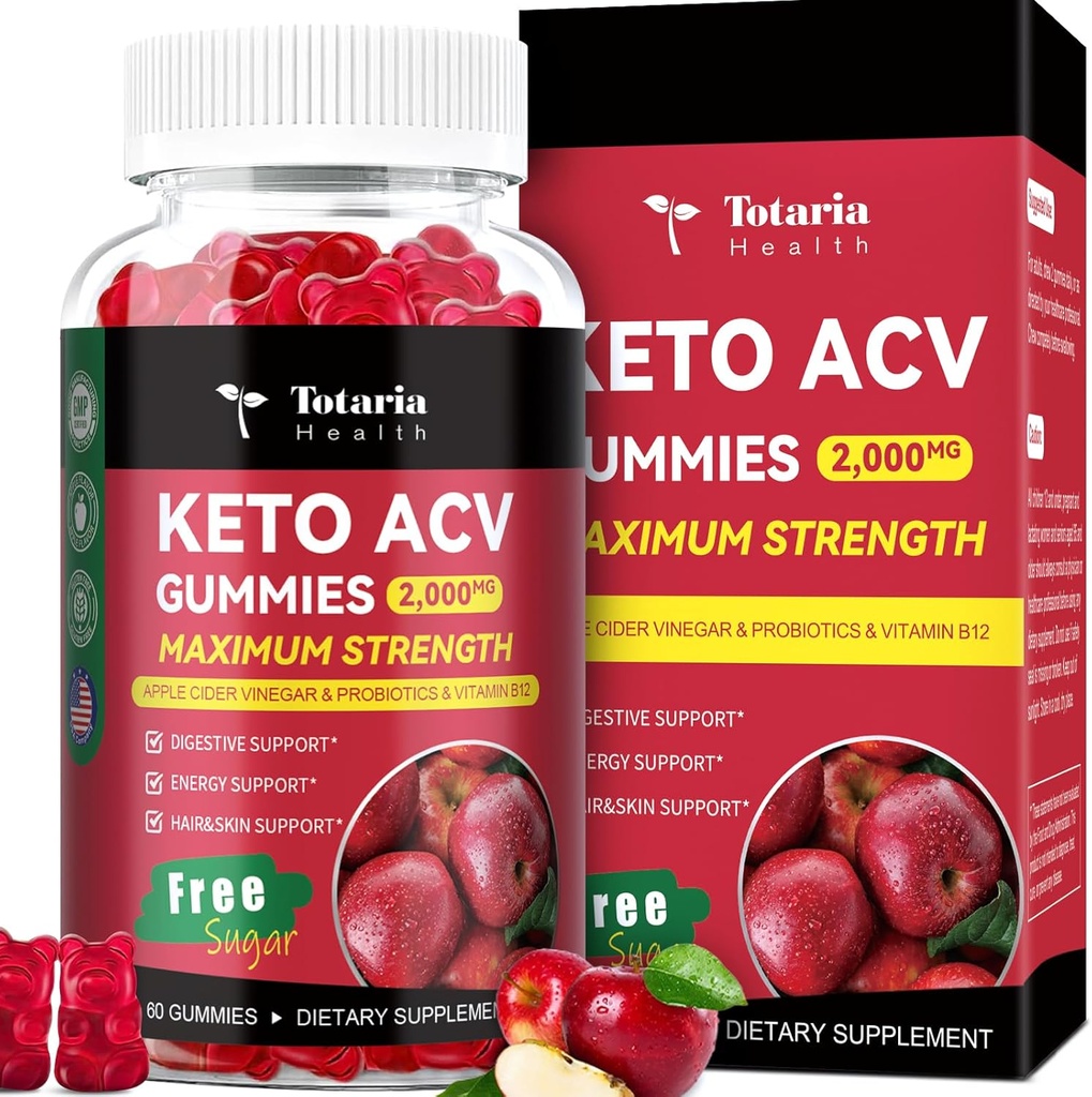 Totaria Keto ACV Gummies - 2000mg Apple Siideri Viinietikka Gummies Sokeriton tuki Stature Health Probiootit, B12, Keto täydentää naisten ja miesten, 60 kreivit