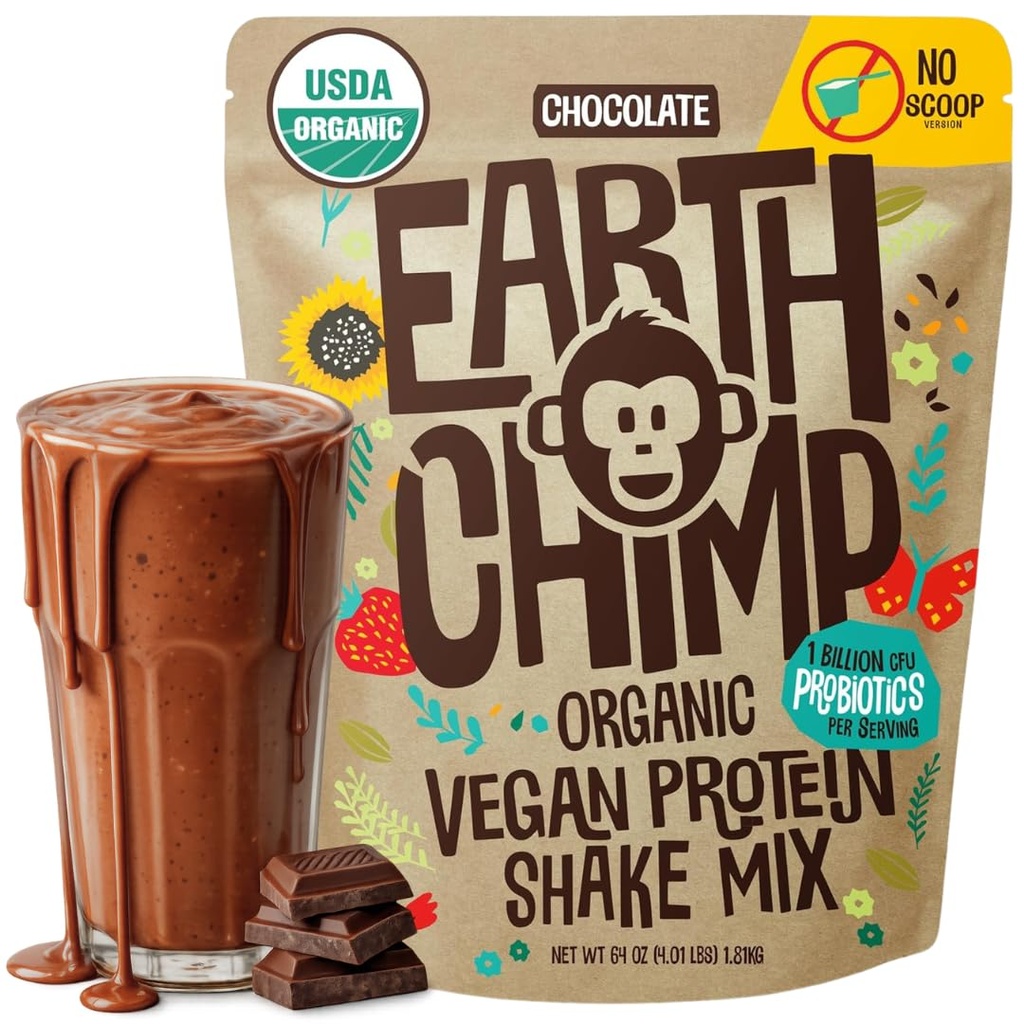 EarthChimp Organic Vegan Protein Powder - Probiootit - Non GMO, Dairy Free, Non Whey, Plant Based Protein Powder for Women and Men, Gluten Free - 52 Tarjoukset 64 Oz (Chocolate) No Scoops