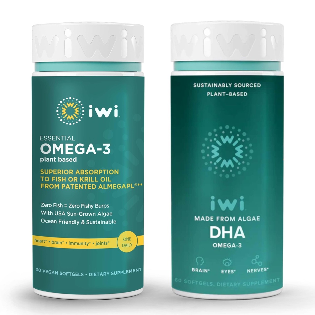 Iwi Omega-3 Essential & DHA Omega-3 Bundle, 30 portioner, Vegan Plant-Based Algae Omega 3, Krill & Fish Oil Alternative, No Fishy Aftertaste