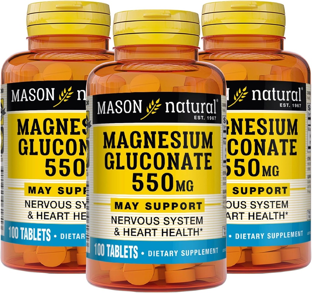 Mason Natural Magnesium Gluconate 550 mg, 300 Day Supply för Normal Healthy Heart och Nervous System Support, 100 tabletter (Pack of 3)