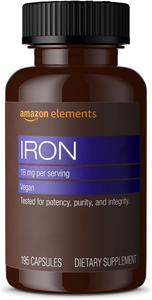 Elements Iron 18mg kapselit, Tukee Red Blood Cell tuotanto, Vegan, 195 Count, 6 kuukauden tarjonta (Pakkaus voi vaihdella)