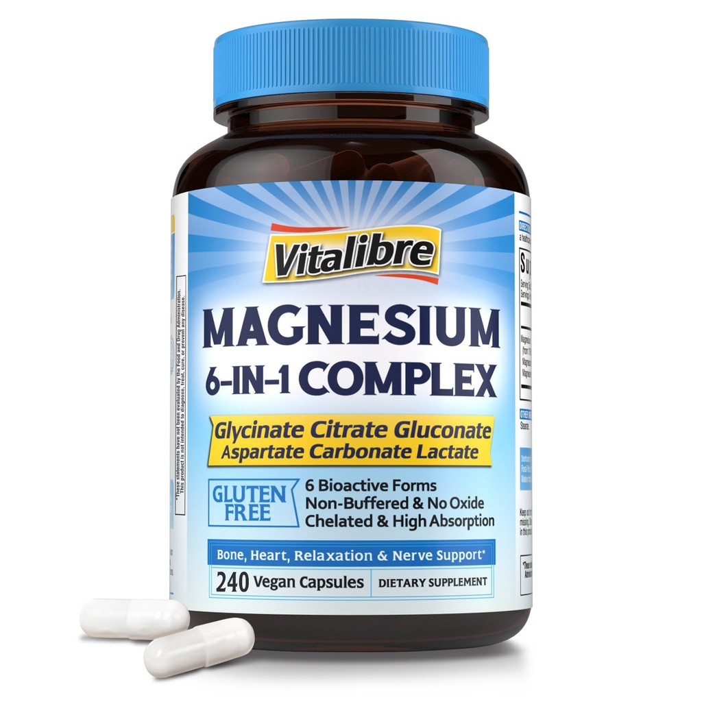 Magnesium Complex Supplement 6 in 1, 1160mg Celated Magnesium for Max Imeytyminen, Ohje parempaan uneen, rentoutuminen & hermon rauhoittaa, 240 vegan kapselit, ei GMO & Gluteenittomat