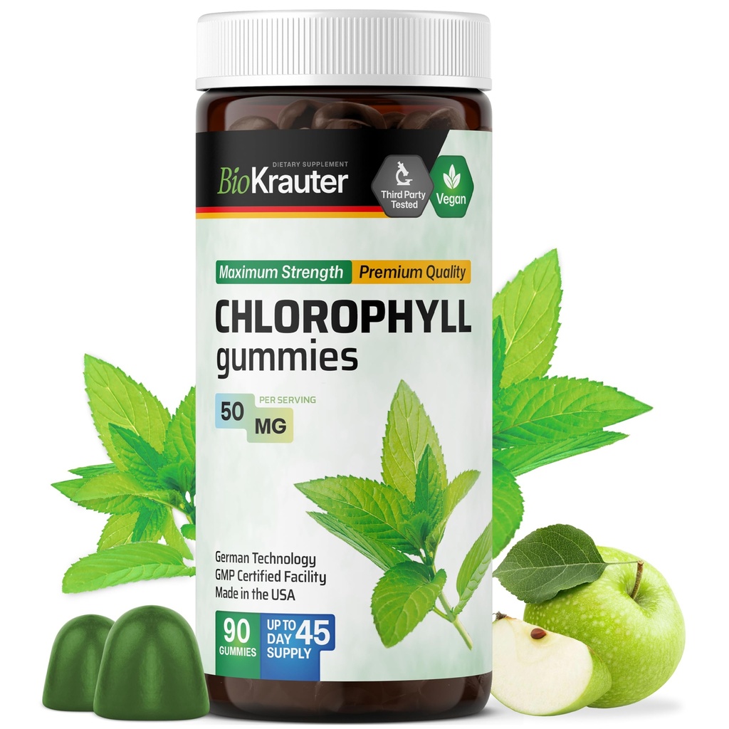 BIO KRAUTER Klorofylli Gummies - 90 Chews - Klorofylli täydentää - Natural Skin & Detox Support - Vegaani, Pektiinipohjainen, ei-GMO